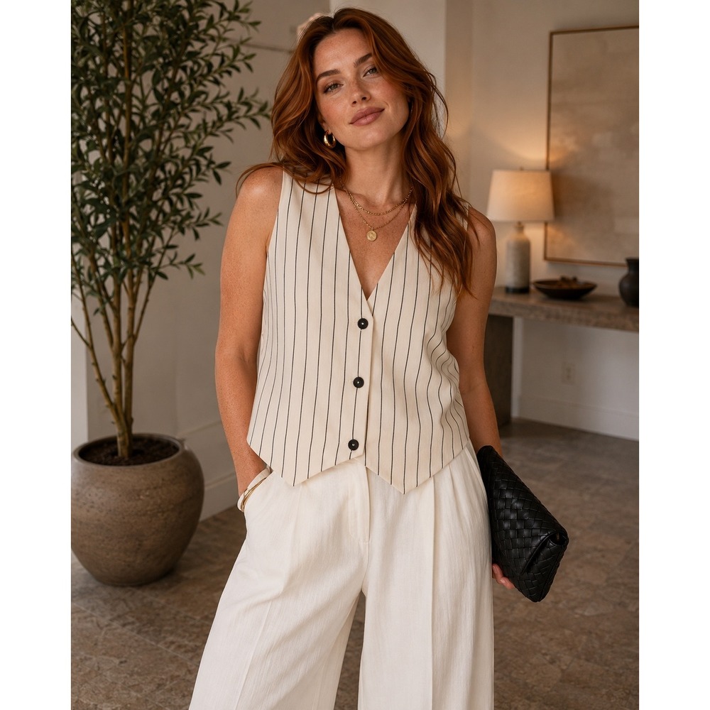 Scoop Women XXL Pinstripe Button Front Vest Cream Black Tailored Waistcoat